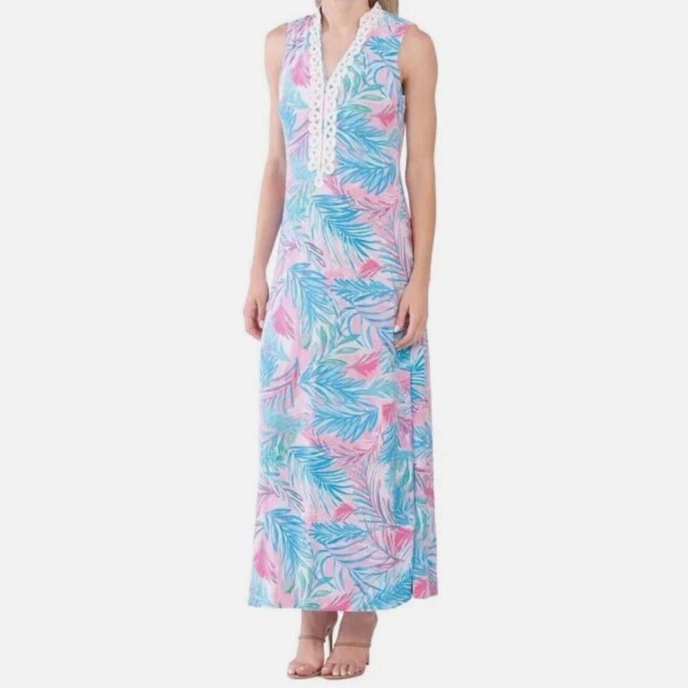 Pappagallo Pink and Blue Leaf Print Maxi Dress